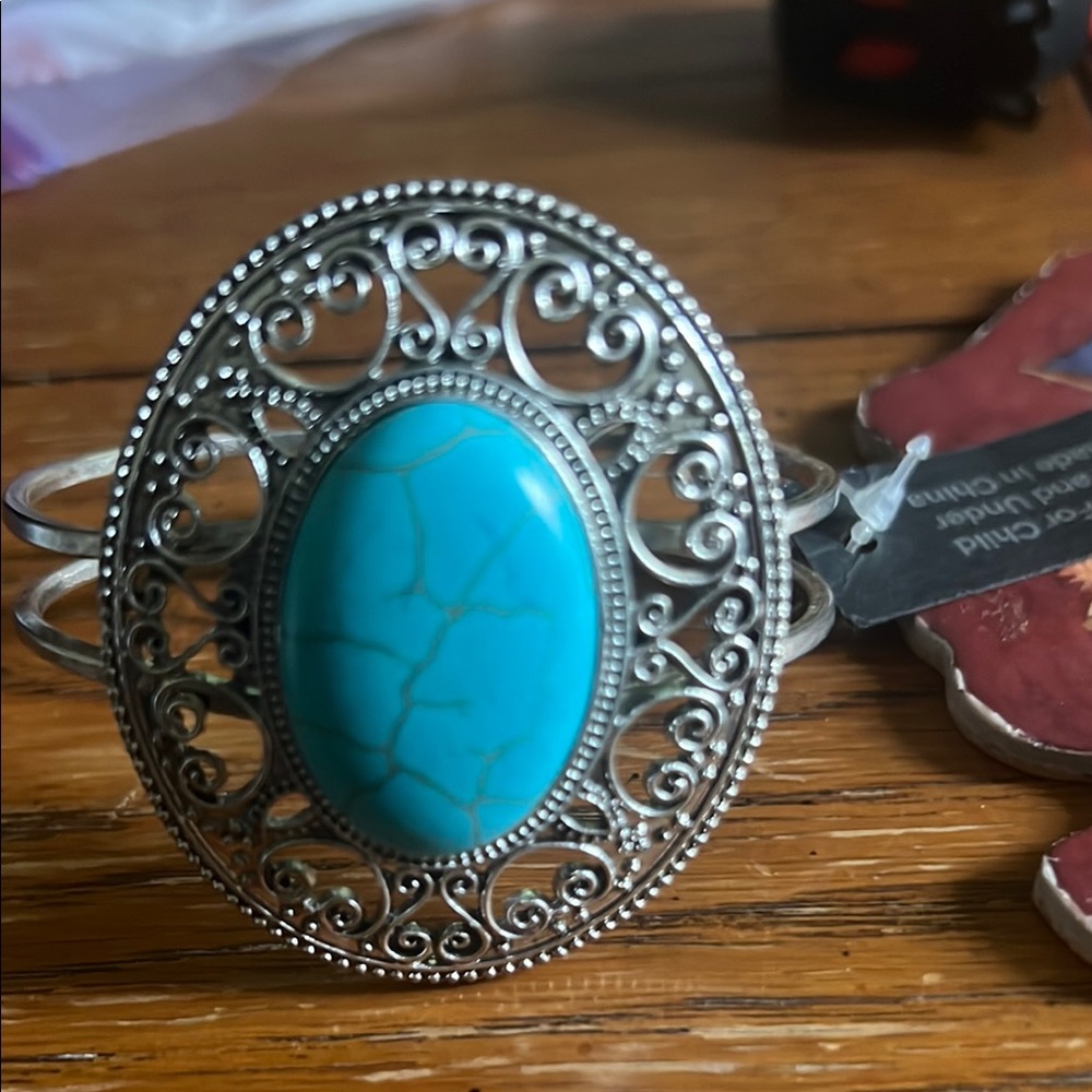 Ornate Silvertone Cuff Bracelet with Turquoise Accent